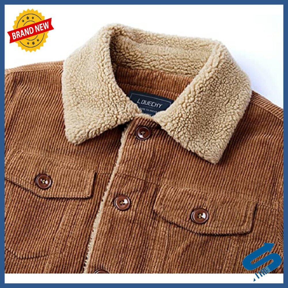 Men's Corduroy Sherpa Lined Trucker Jacket Heavyweight Cotton Winter Coat - Picture 5 of 8